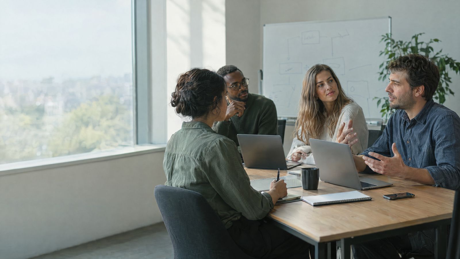 Consulting team working around a table in a sunlit office