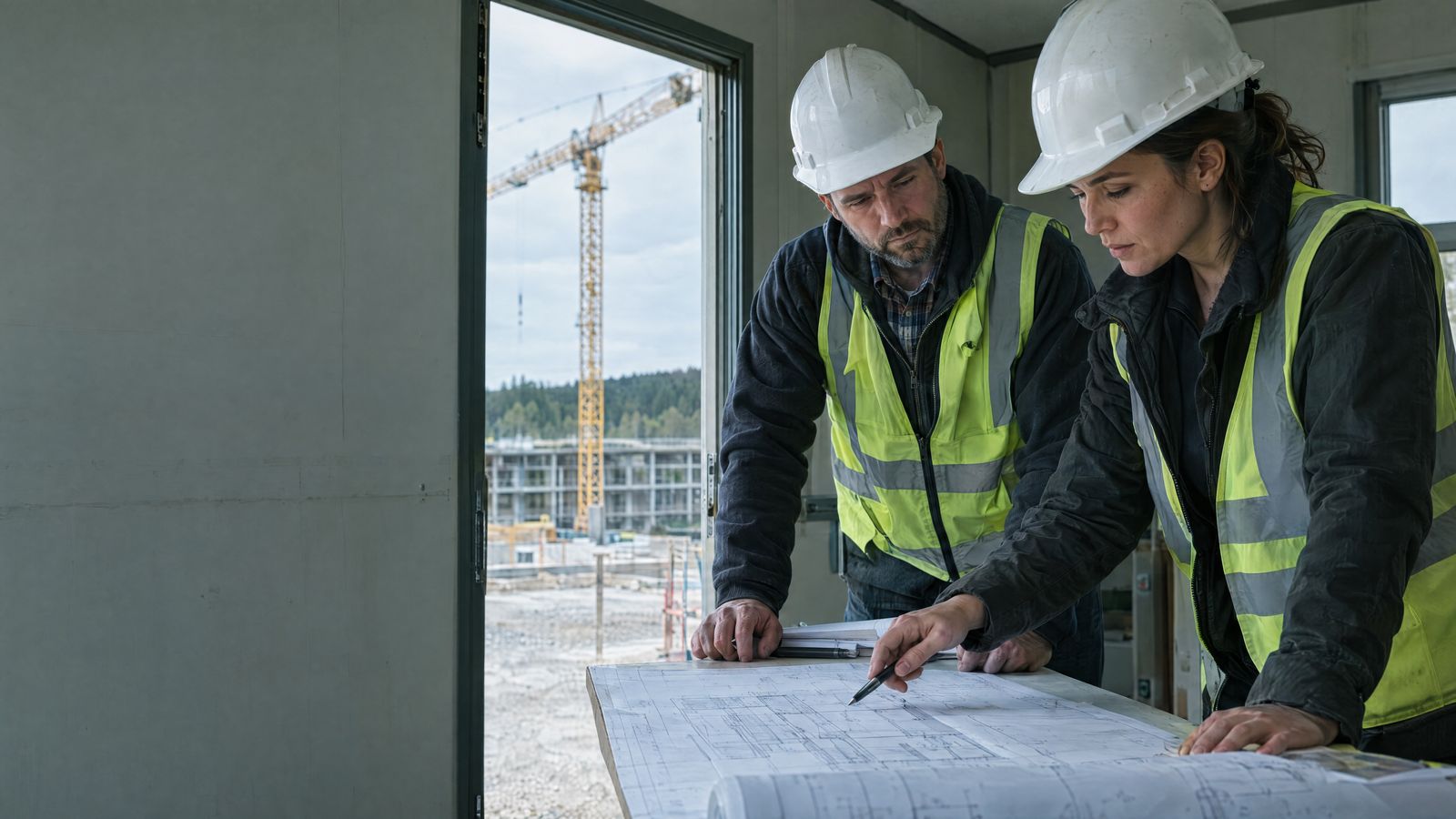 Site leads reviewing drawings at a jobsite trailer