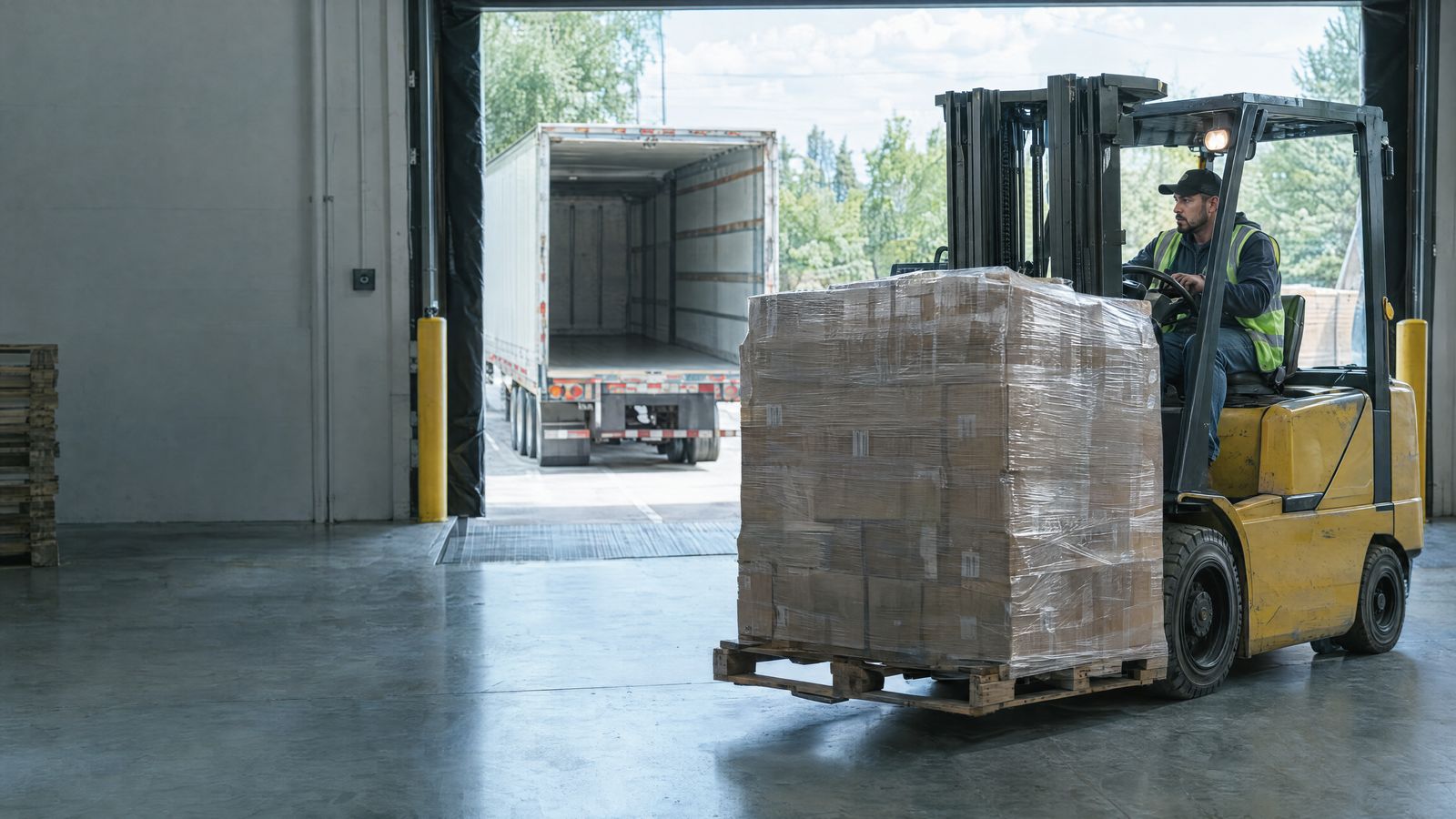 Forklift moving a pallet through a warehouse dock door
