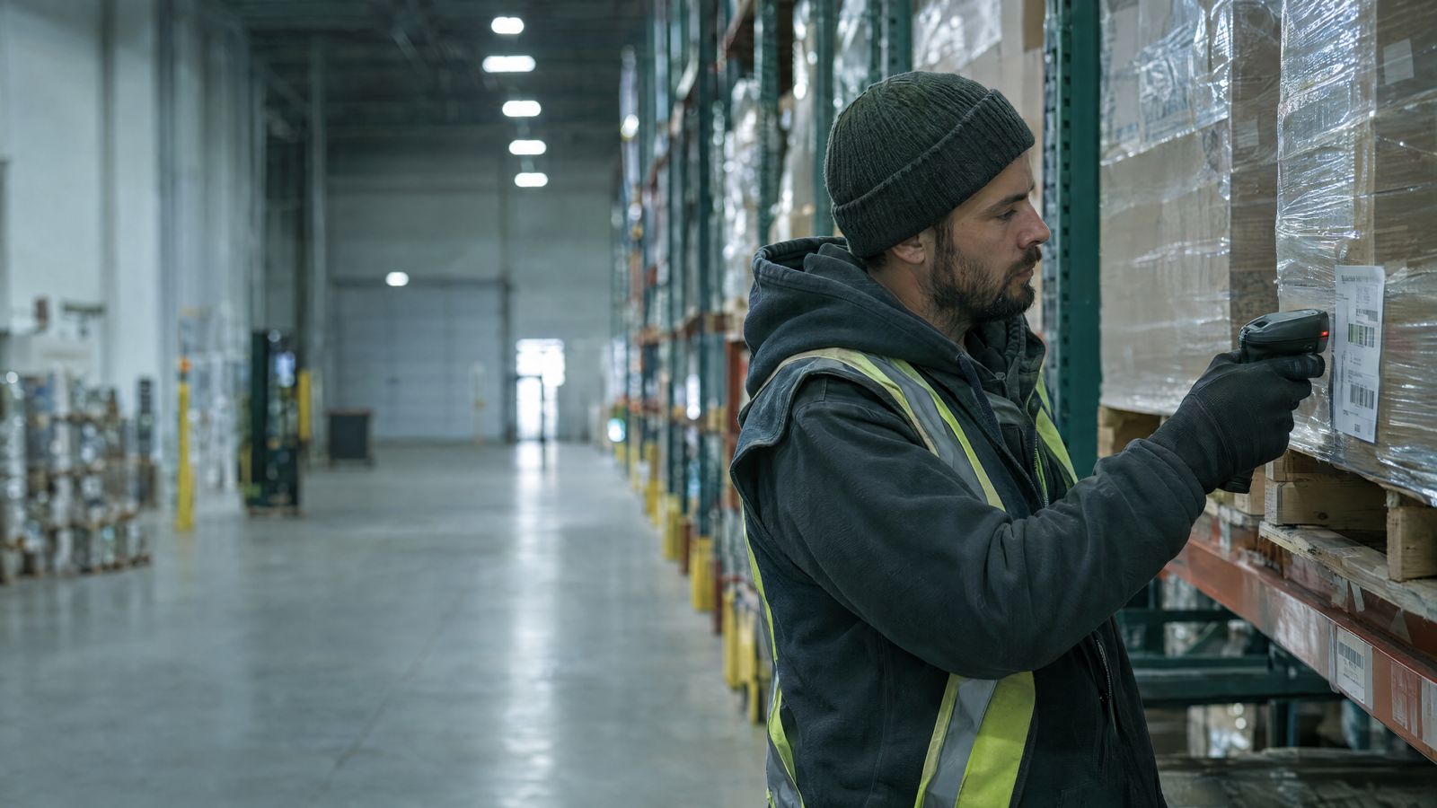 Warehouse worker scanning a pallet label in a racking aisle