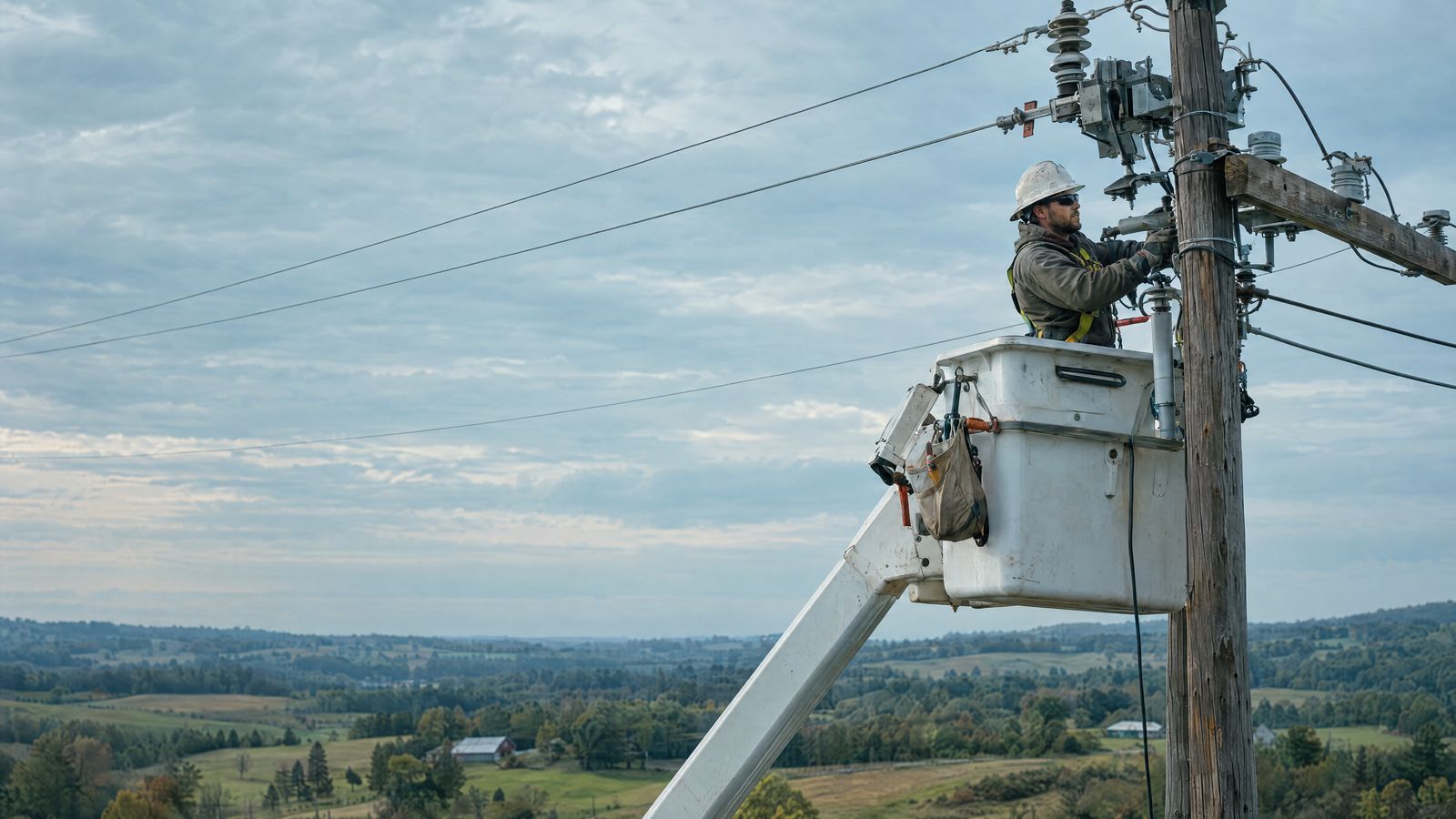 Line worker in a bucket truck repairing a power pole