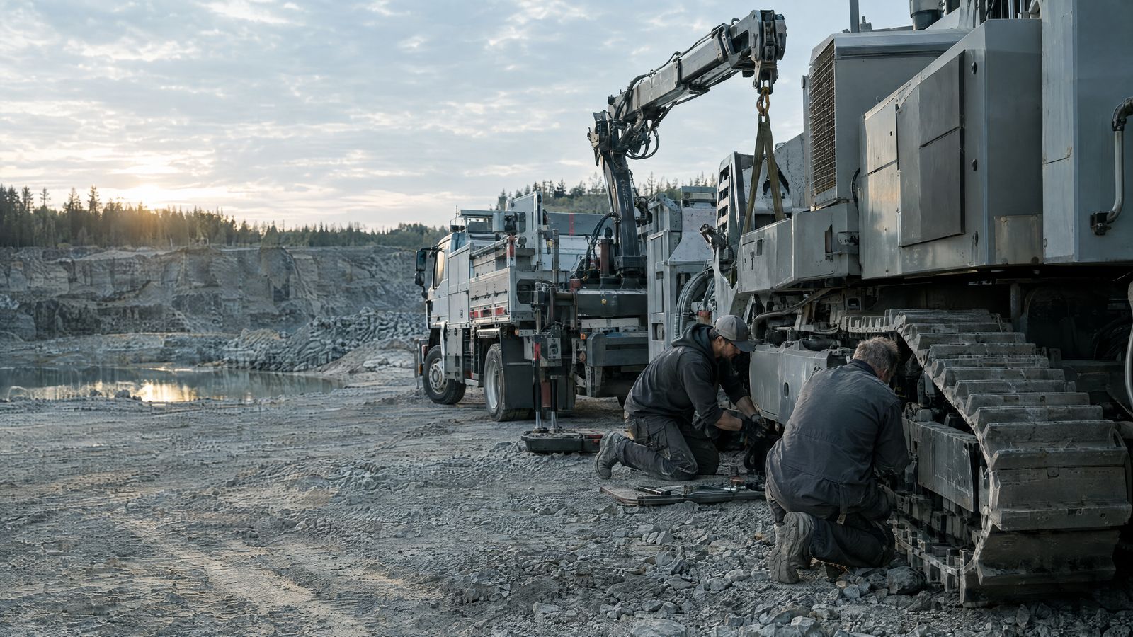 Field service truck and mechanics at a tracked machine in a quarry