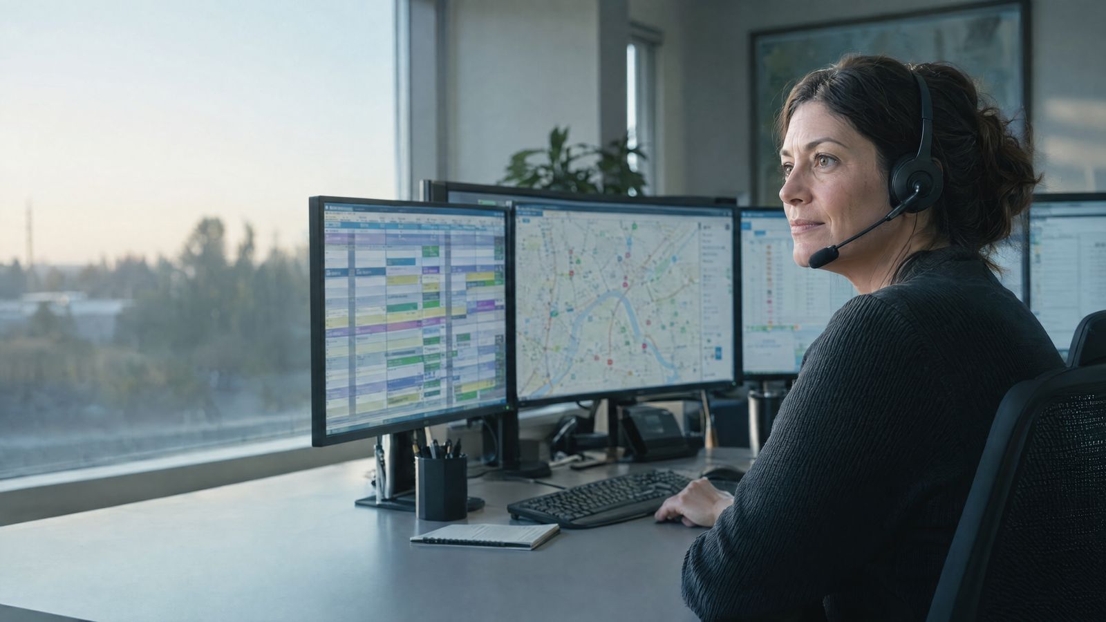 Service dispatcher with a headset managing the day's schedule