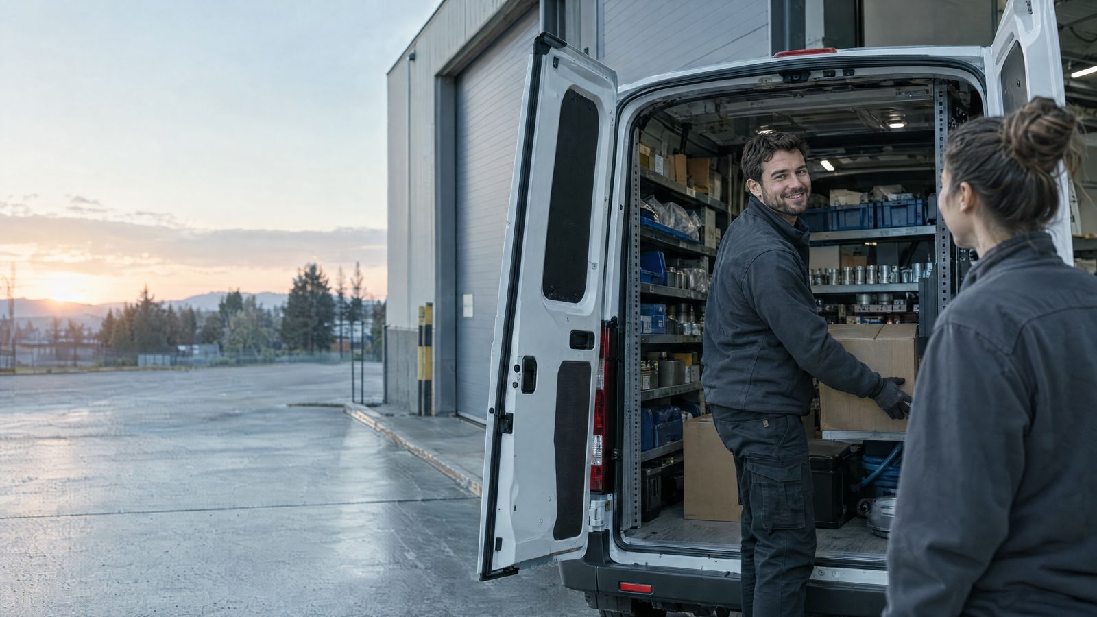 Technician loading a parts-stocked service van at a warehouse dock at dawn