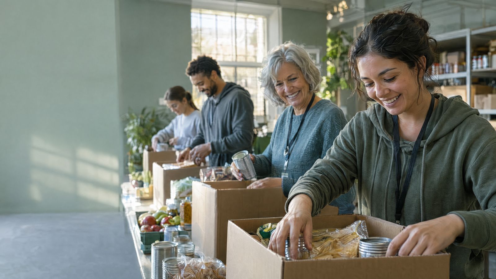 Voluntarios clasificando alimentos donados en un banco de alimentos