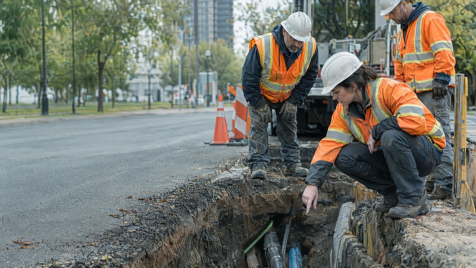 Public works crew inspecting a street excavation
