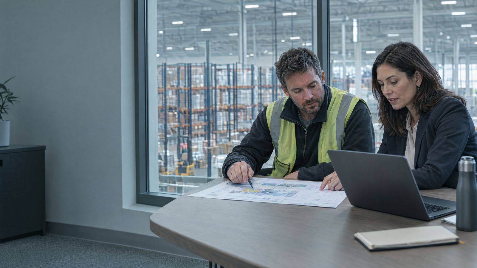 Distribution-center lead and finance lead reviewing a rollout plan