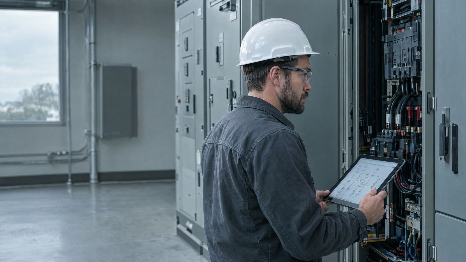 Electrical engineer inspecting switchgear with a tablet