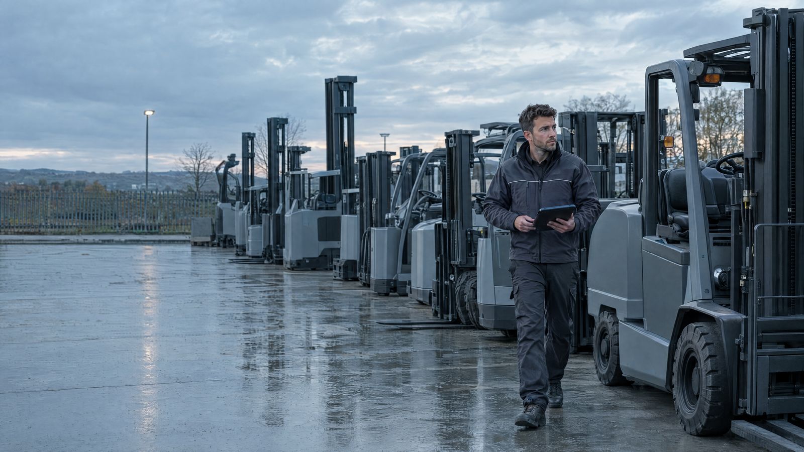 Material-handling equipment in a dealer yard at dusk