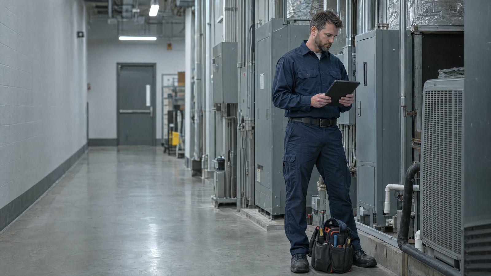Facility technician reading a work order at a retail site