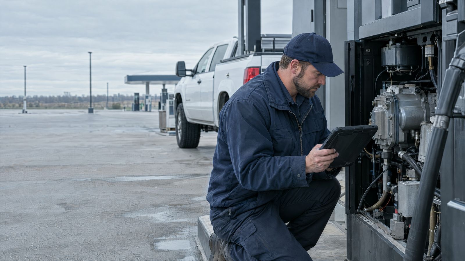 Service technician checking a commercial fuel dispenser with a tablet