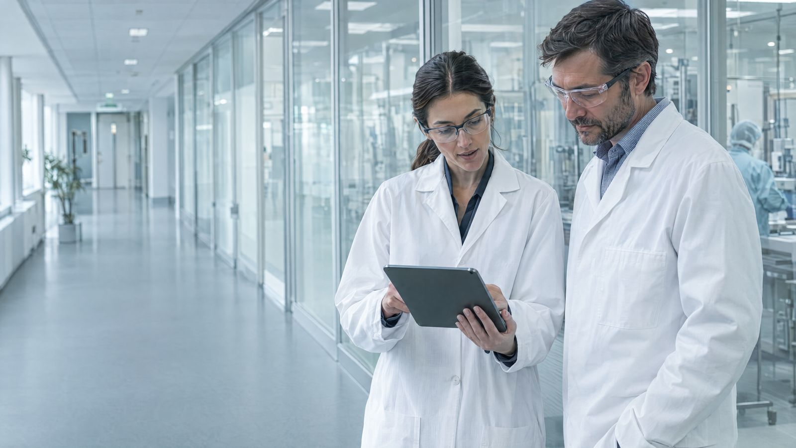 Quality lead reviewing a batch report outside a cleanroom lab