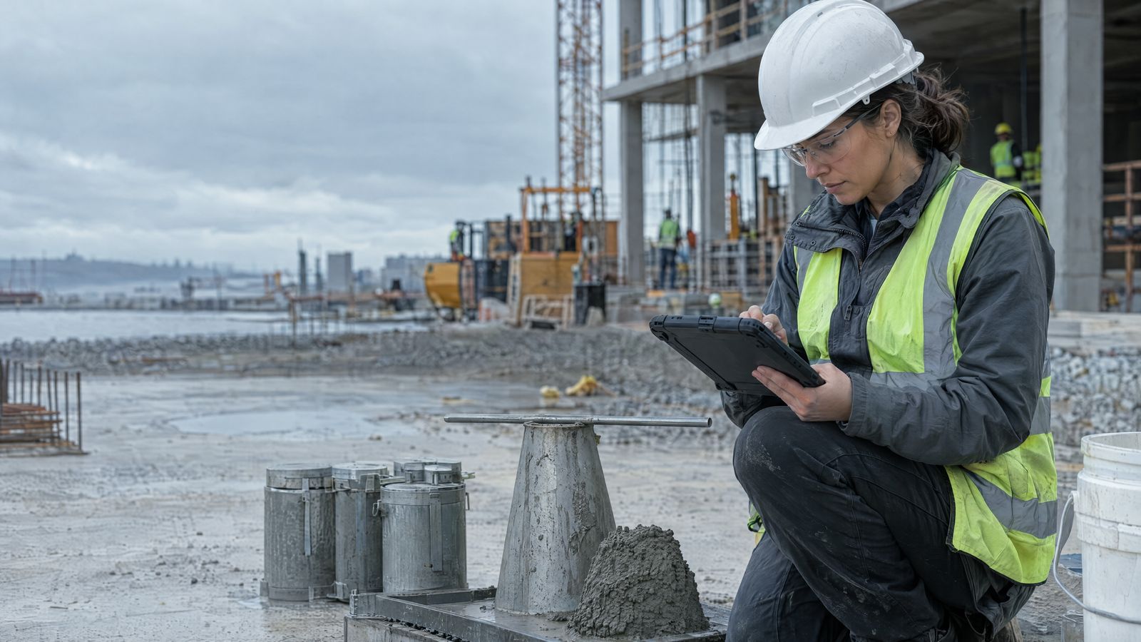 Materials-testing engineer recording concrete test results on site