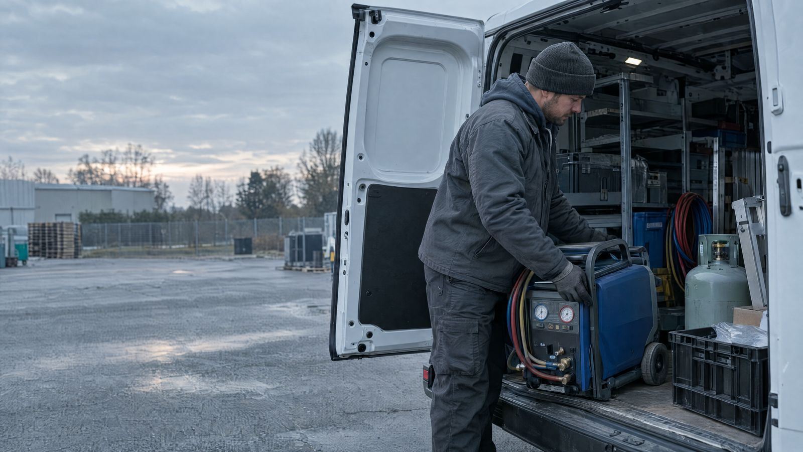 HVAC service technician loading a van at dawn