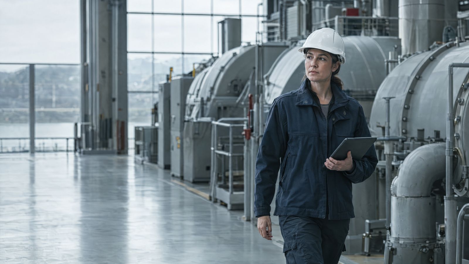 Operations lead walking a power-plant turbine hall