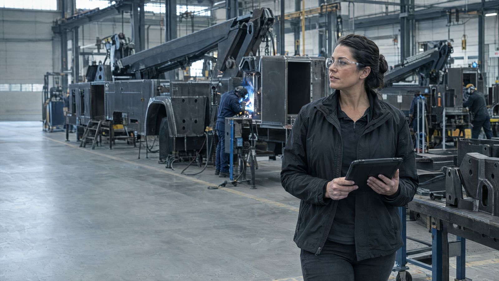 Production planner walking a heavy-fabrication plant floor