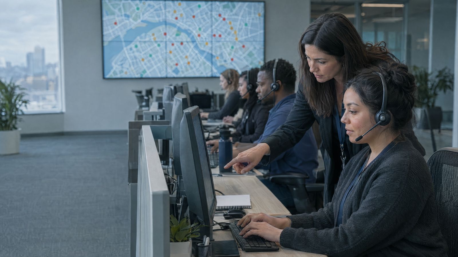 City contact center agent on a call with a supervisor beside her